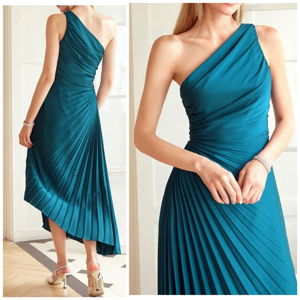 New Luxe One Shoulder Asymmetrical Hem Pleated Dress Evening Teal Green Blue
